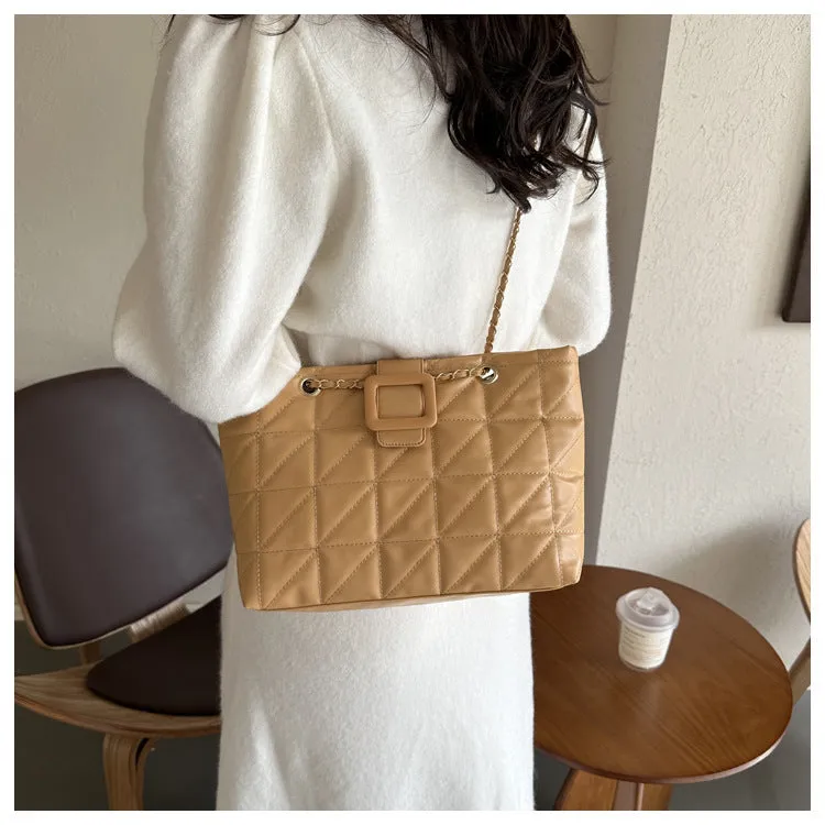 Women shoulder bag PU chain trapezoid shape available in black white khaki brown