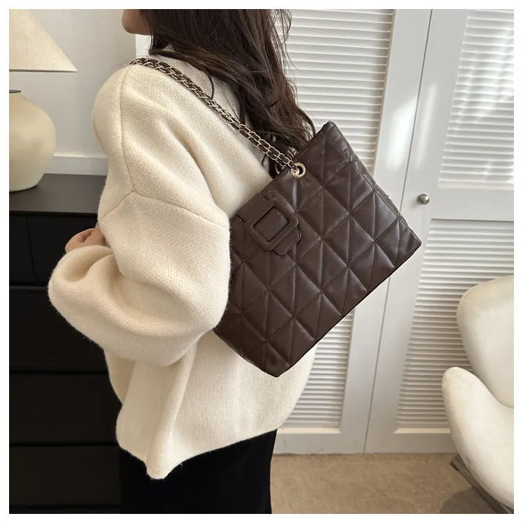 Women shoulder bag PU chain trapezoid shape available in black white khaki brown