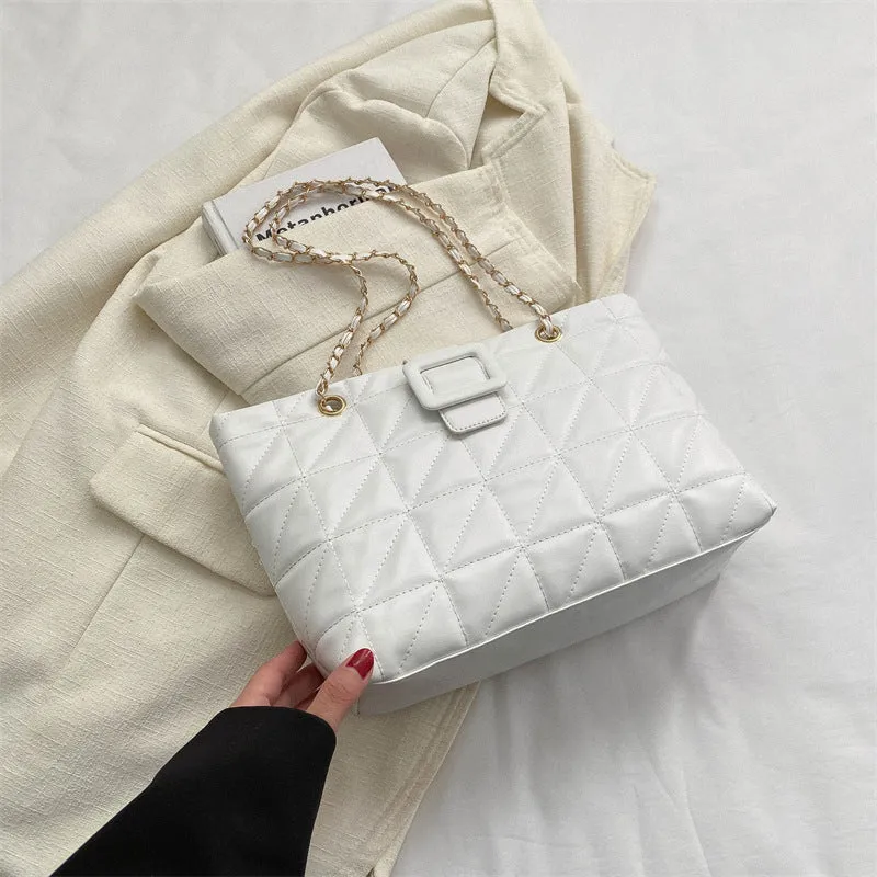 Women shoulder bag PU chain trapezoid shape available in black white khaki brown