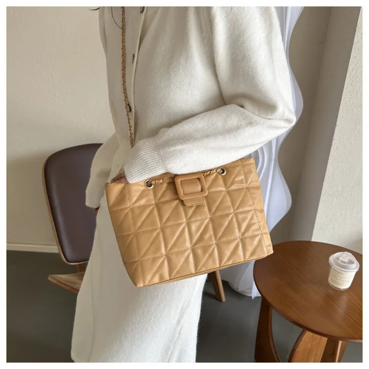 Women shoulder bag PU chain trapezoid shape available in black white khaki brown