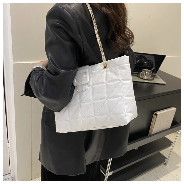 Women shoulder bag PU chain trapezoid shape available in black white khaki brown