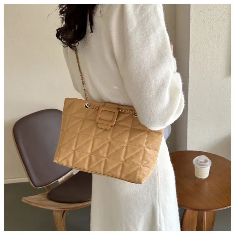 Women shoulder bag PU chain trapezoid shape available in black white khaki brown