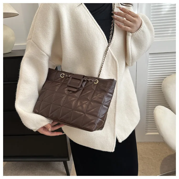 Women shoulder bag PU chain trapezoid shape available in black white khaki brown
