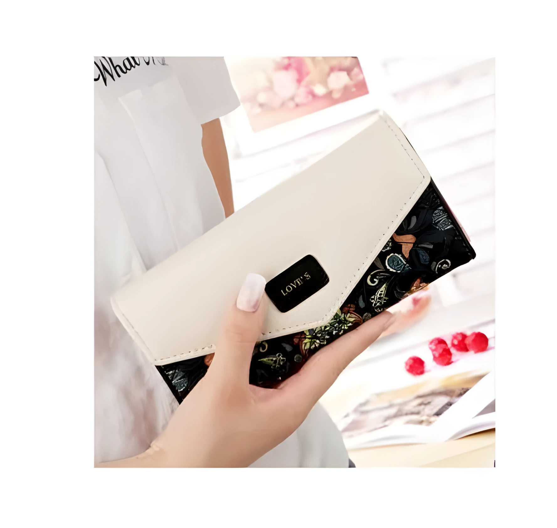 BIRDS women's PU leather wallet with embroidered flowers in horizontal square shape