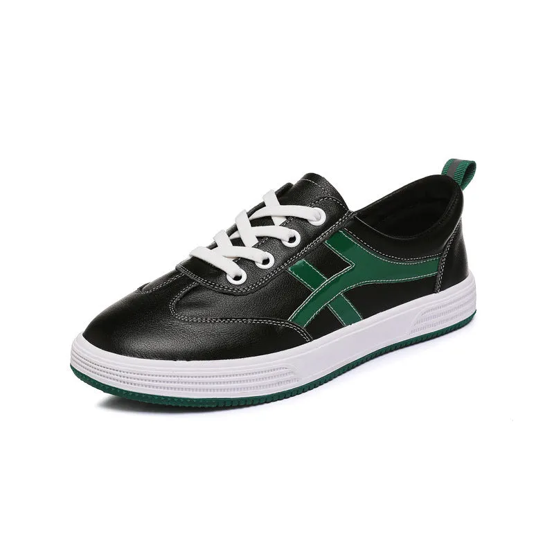 White and black low top cowhide sneakers with elastic band and round toe