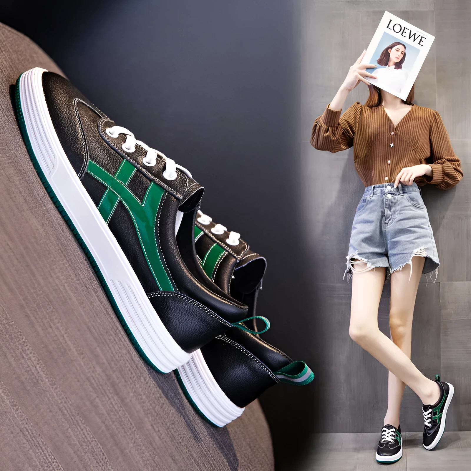 White and black low top cowhide sneakers with elastic band and round toe
