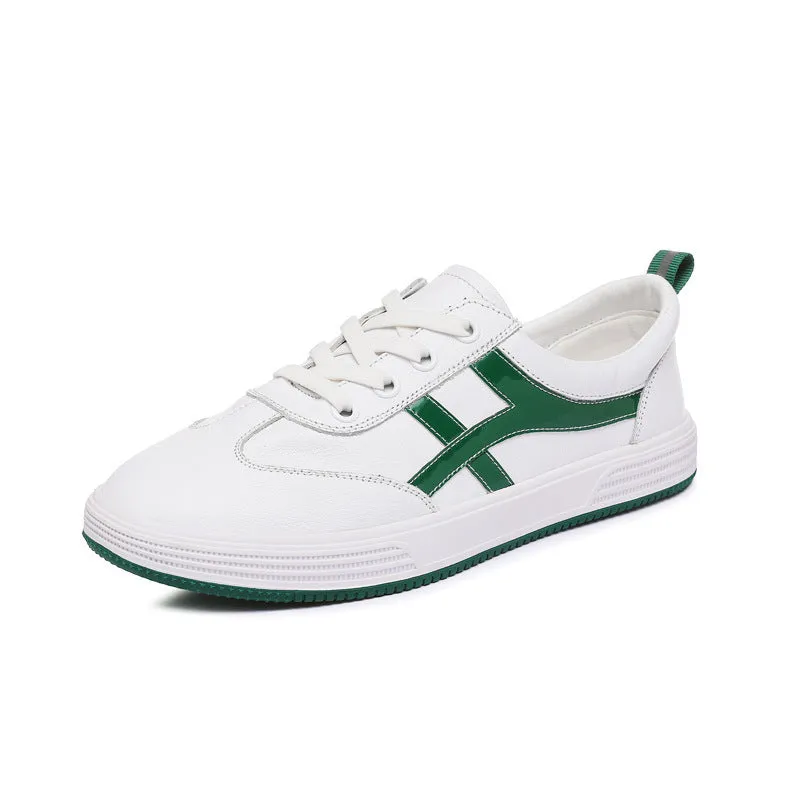 White and black low top cowhide sneakers with elastic band and round toe