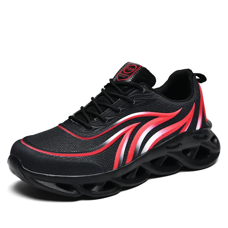 Men's Korean style casual running shoes with carved wing pattern in white, side view showing low upper and net cloth vamp