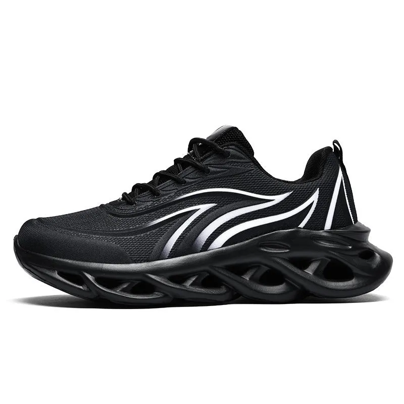 Men's Korean style casual running shoes with carved wing pattern in white, side view showing low upper and net cloth vamp