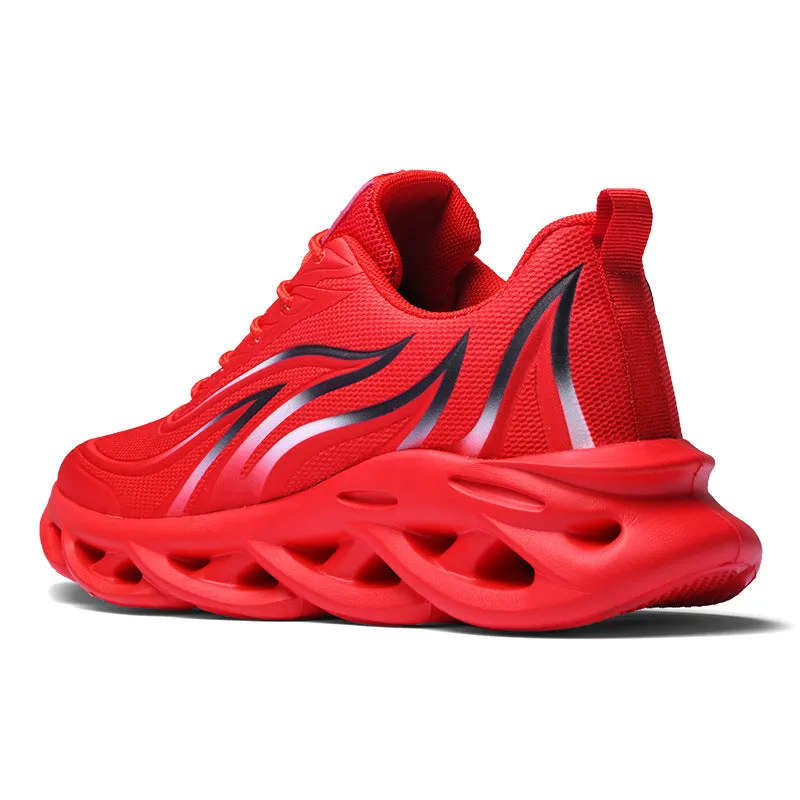 Men's Korean style casual running shoes with carved wing pattern in white, side view showing low upper and net cloth vamp