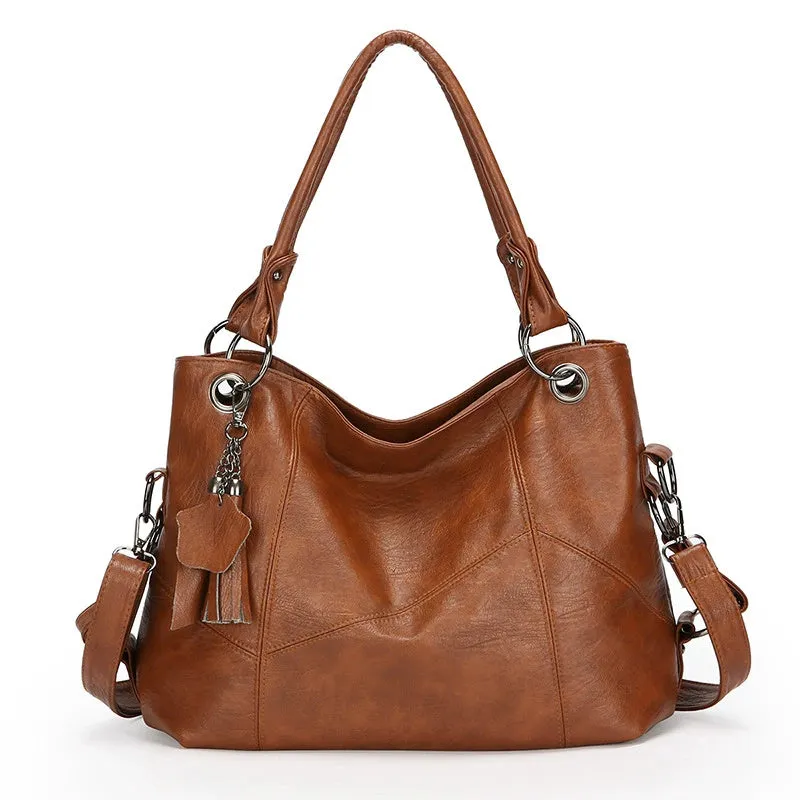 Retro large capacity soft PU stitching handbag in black, brown, coffee, wine red, with sandwich pocket and internal organisation