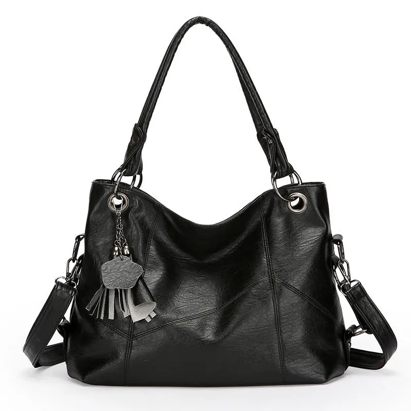 Retro large capacity soft PU stitching handbag in black, brown, coffee, wine red, with sandwich pocket and internal organisation