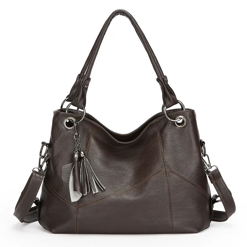 Retro large capacity soft PU stitching handbag in black, brown, coffee, wine red, with sandwich pocket and internal organisation