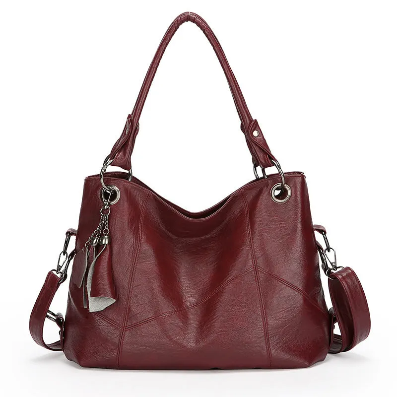 Retro large capacity soft PU stitching handbag in black, brown, coffee, wine red, with sandwich pocket and internal organisation