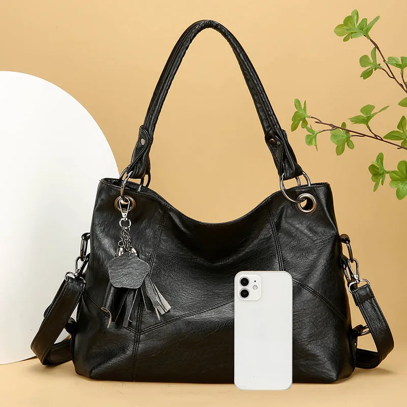 Retro large capacity soft PU stitching handbag in black, brown, coffee, wine red, with sandwich pocket and internal organisation