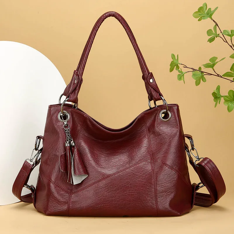 Retro large capacity soft PU stitching handbag in black, brown, coffee, wine red, with sandwich pocket and internal organisation