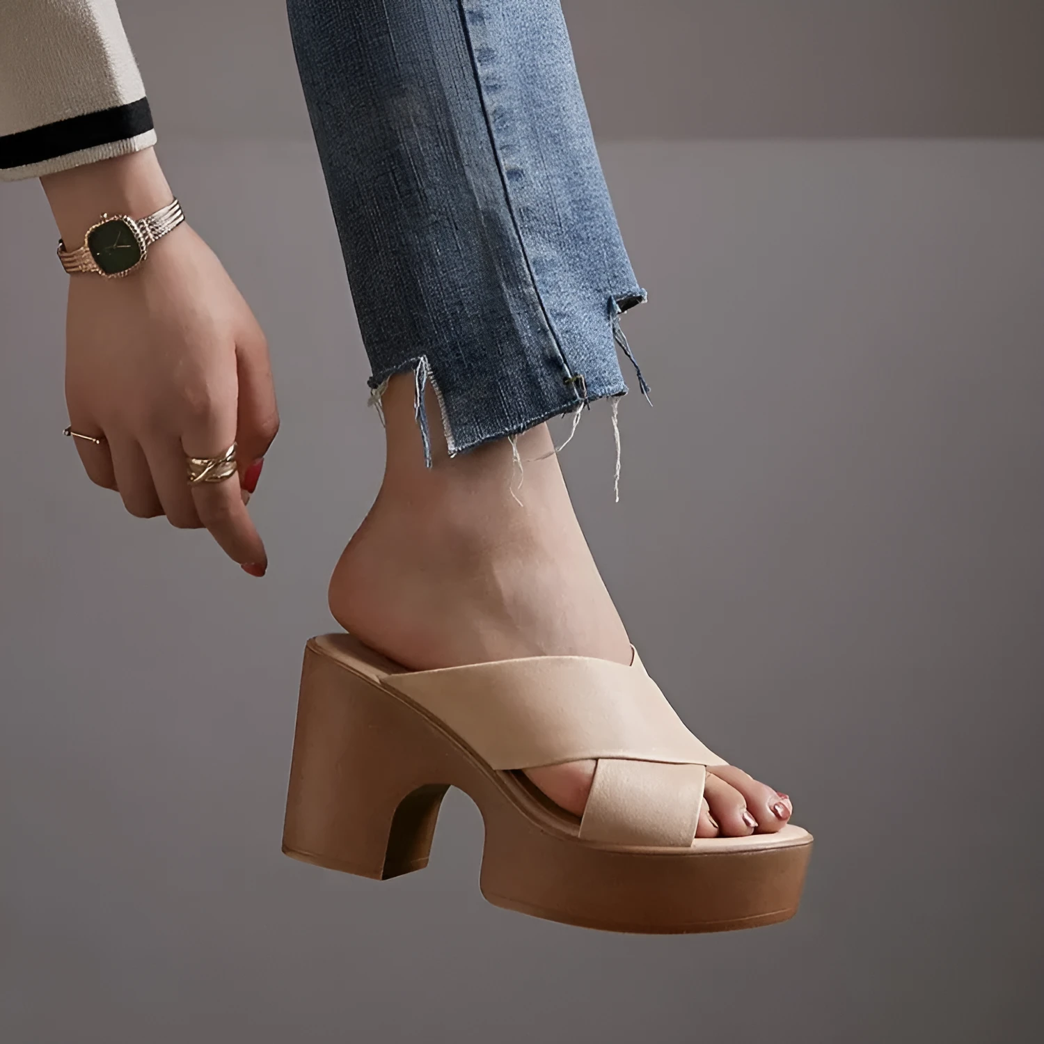 Summer casual retro chunky heel Roman sandals in genuine sheepskin leather, brown colour, side view