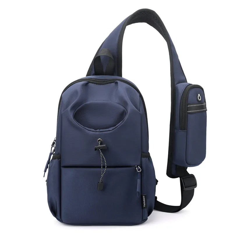 Oxford cloth waterproof shoulder chest bag for men, 21cm, dark gray, with stitching and letter details