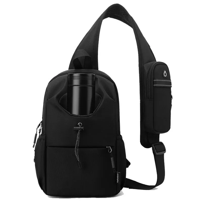 Oxford cloth waterproof shoulder chest bag for men, 21cm, dark gray, with stitching and letter details