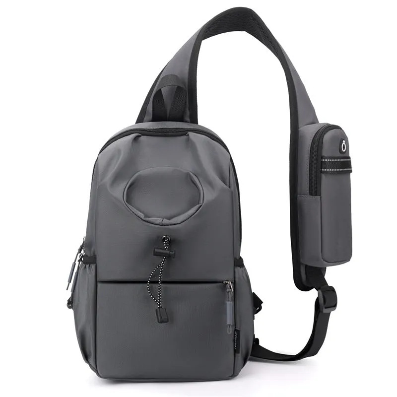 Oxford cloth waterproof shoulder chest bag for men, 21cm, dark gray, with stitching and letter details