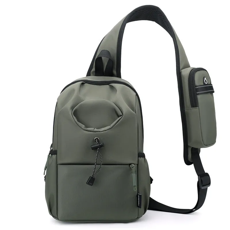 Oxford cloth waterproof shoulder chest bag for men, 21cm, dark gray, with stitching and letter details
