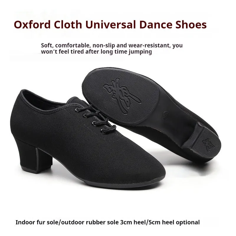 Black Oxford cloth men's dancing shoes with middle heel, rubber sole, front view