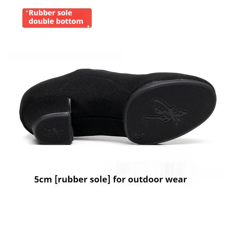 Black Oxford cloth men's dancing shoes with middle heel, rubber sole, front view