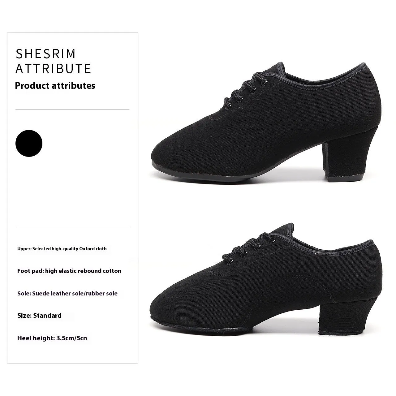 Black Oxford cloth men's dancing shoes with middle heel, rubber sole, front view