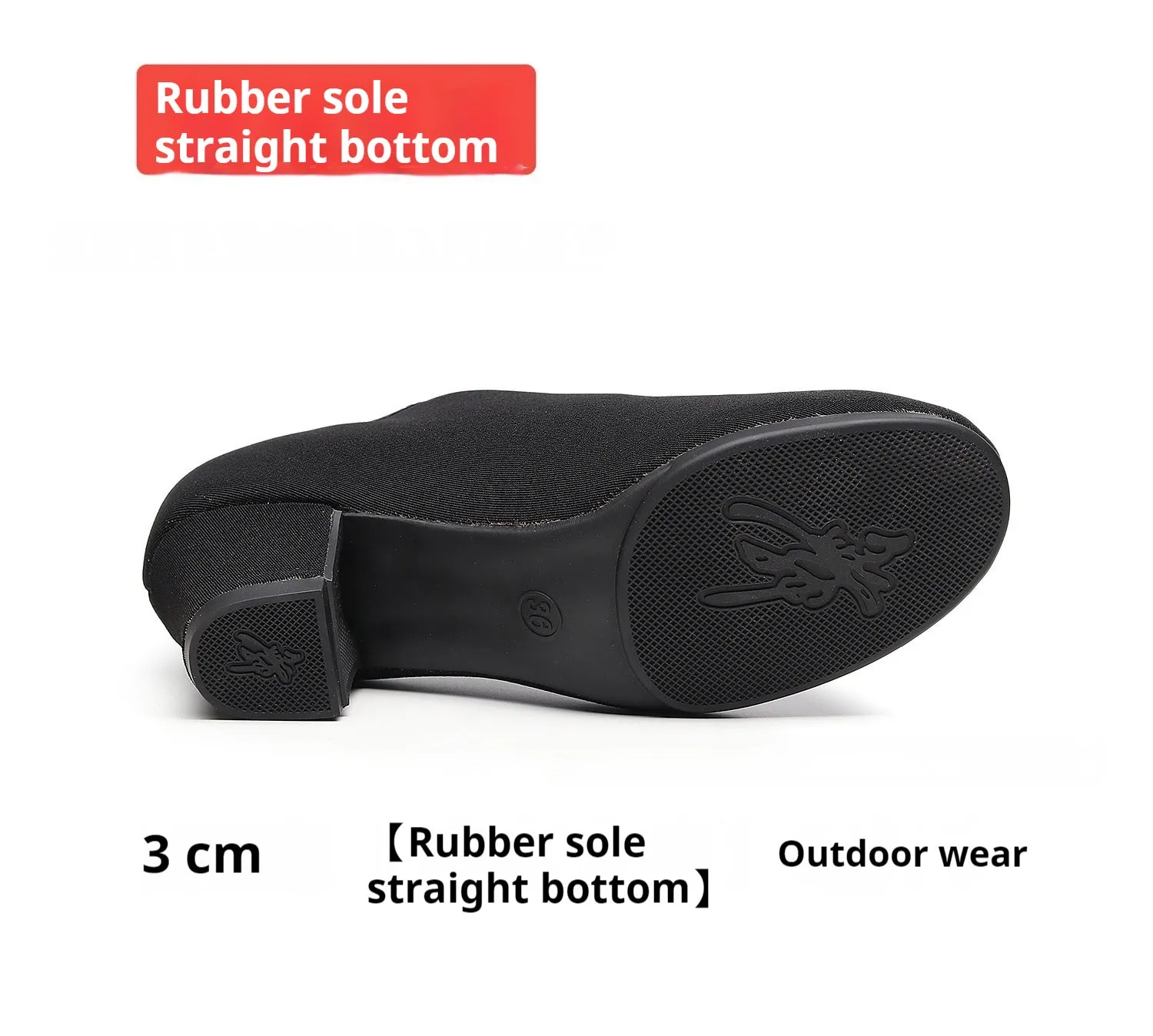 Black Oxford cloth men's dancing shoes with middle heel, rubber sole, front view