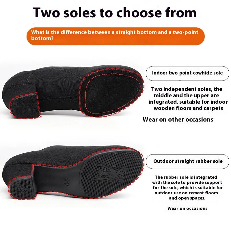 Black Oxford cloth men's dancing shoes with middle heel, rubber sole, front view