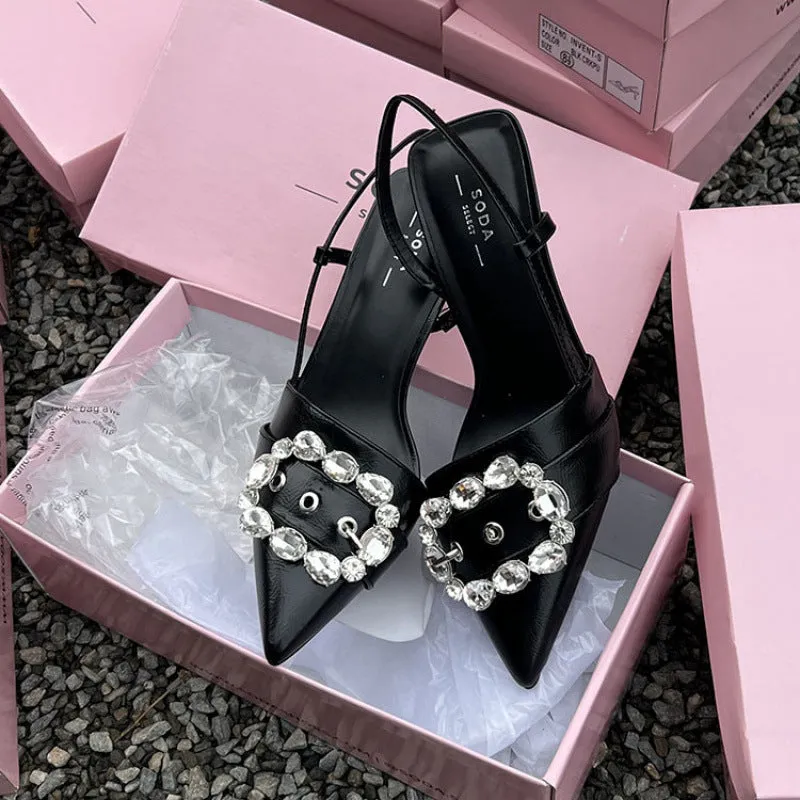 Fairy Mint women's closed toe stiletto heel sandals with rhinestone buckle in silver showing side view