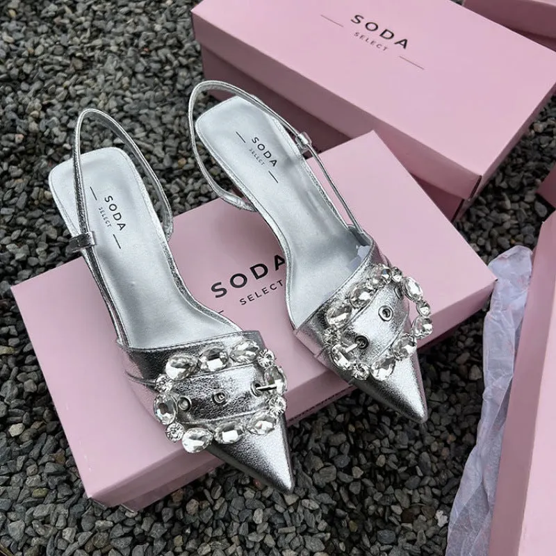 Fairy Mint women's closed toe stiletto heel sandals with rhinestone buckle in silver showing side view