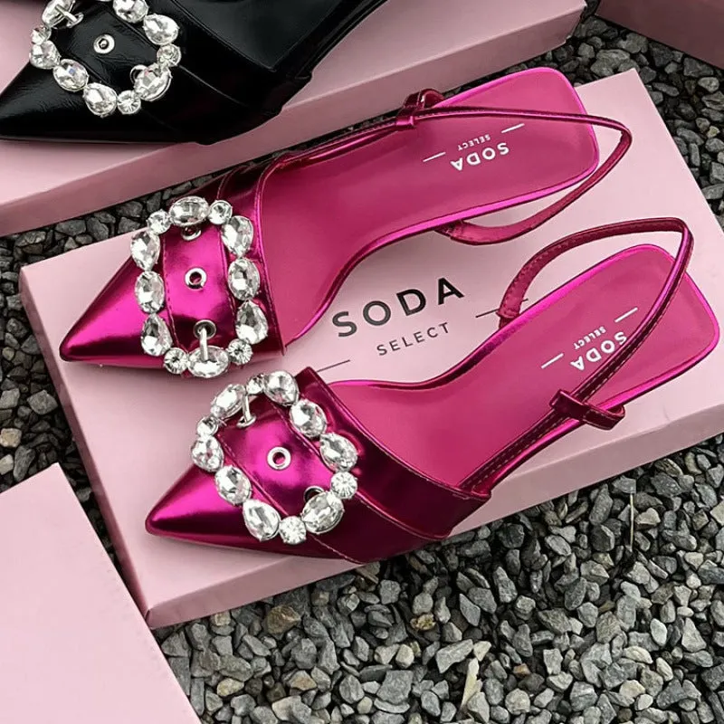 Fairy Mint women's closed toe stiletto heel sandals with rhinestone buckle in silver showing side view