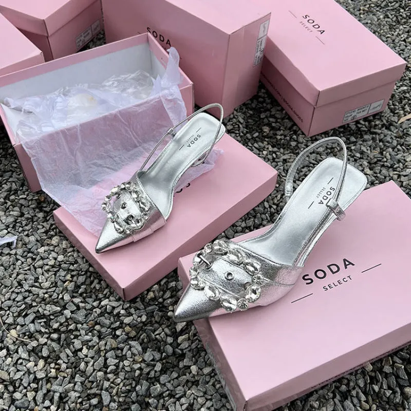 Fairy Mint women's closed toe stiletto heel sandals with rhinestone buckle in silver showing side view