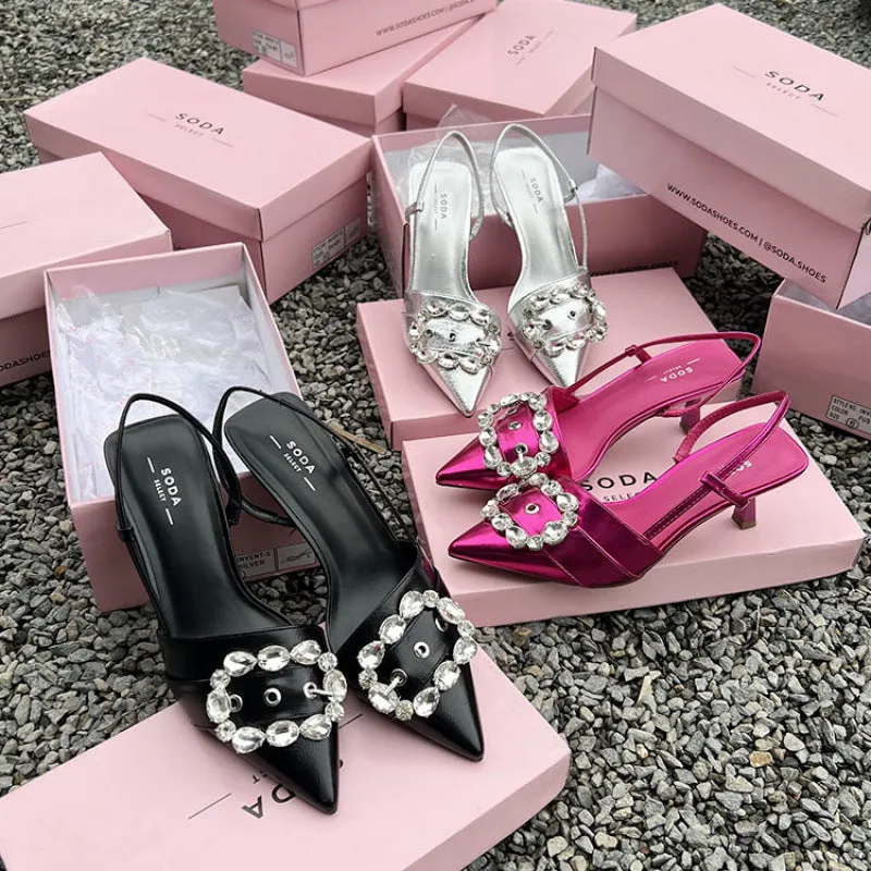 Fairy Mint women's closed toe stiletto heel sandals with rhinestone buckle in silver showing side view
