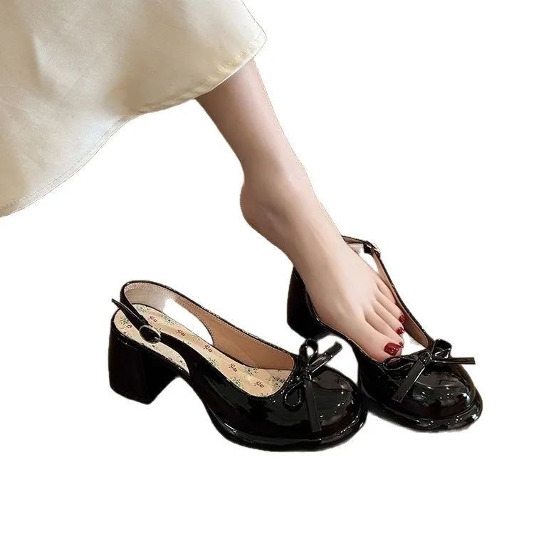 White bow satin toe cap slingback sandals with 6-8cm heel for women
