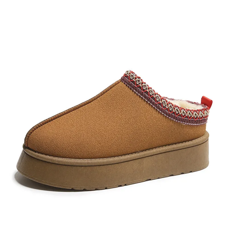 Baotou plush half slippers women's warm fleece thick sole ankle flats in black, khaki, brown
