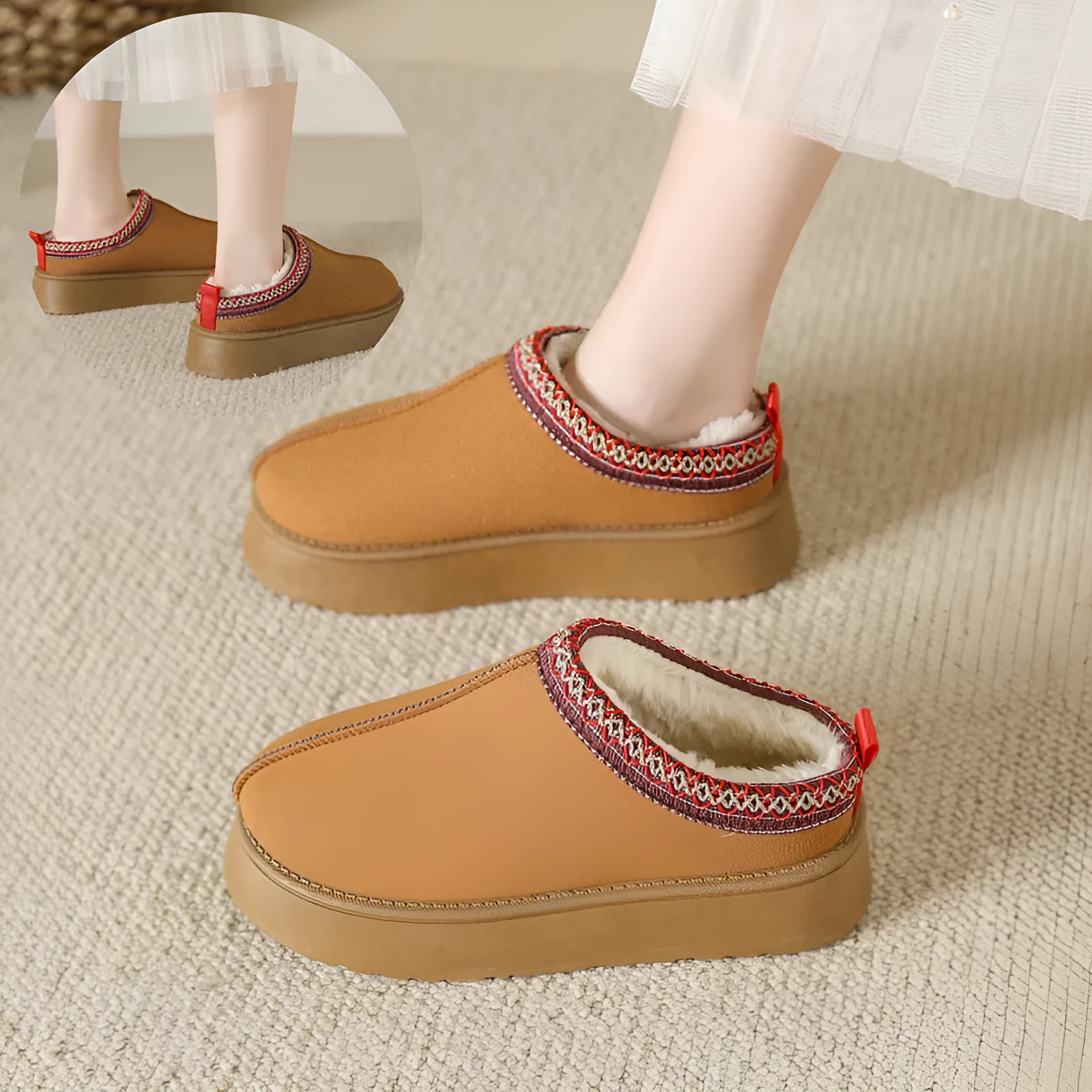 Baotou plush half slippers women's warm fleece thick sole ankle flats in black, khaki, brown