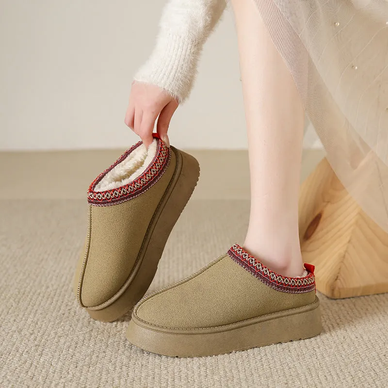 Baotou plush half slippers women's warm fleece thick sole ankle flats in black, khaki, brown