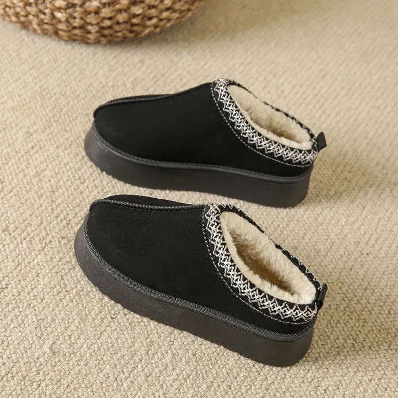 Baotou plush half slippers women's warm fleece thick sole ankle flats in black, khaki, brown