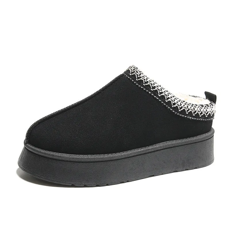 Baotou plush half slippers women's warm fleece thick sole ankle flats in black, khaki, brown
