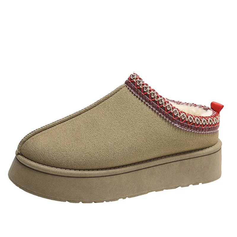 Baotou plush half slippers women's warm fleece thick sole ankle flats in black, khaki, brown