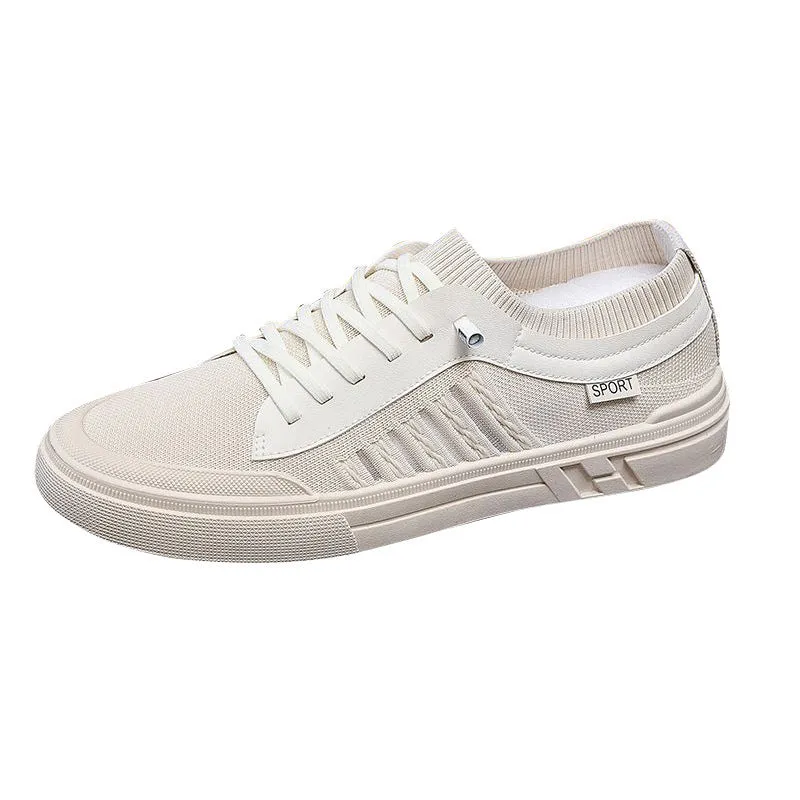 Men's casual skateboard shoes in solid colour with low top, flat heel, mesh lining, and injection-moulded sole