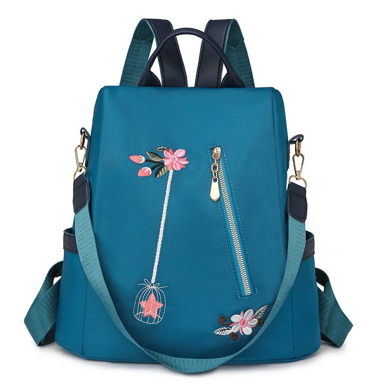 Ethnic style 3D embroidered backpack for women in beige with waterproof Oxford cloth outer and zipper pockets