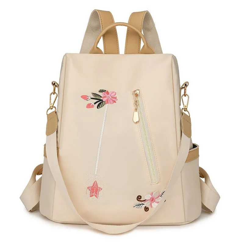 Ethnic style 3D embroidered backpack for women in beige with waterproof Oxford cloth outer and zipper pockets