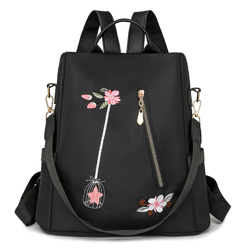 Ethnic style 3D embroidered backpack for women in beige with waterproof Oxford cloth outer and zipper pockets