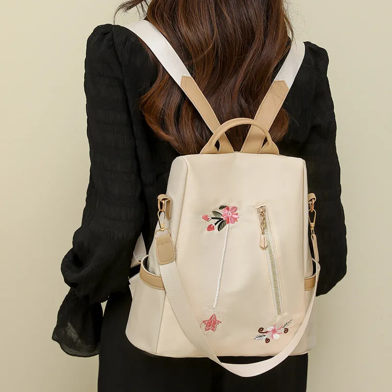 Ethnic style 3D embroidered backpack for women in beige with waterproof Oxford cloth outer and zipper pockets