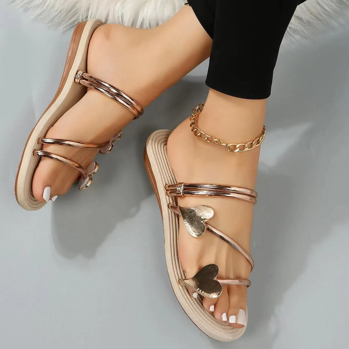 Heart shape slippers summer flat love beach shoes women silver colour man-made PU foam sole