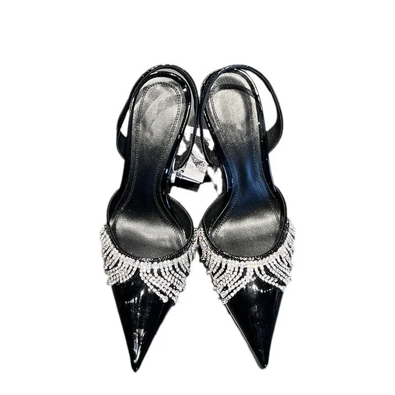 Black French tassel rhinestone slingback high heel sandals with a 10cm heel and pointed toe.