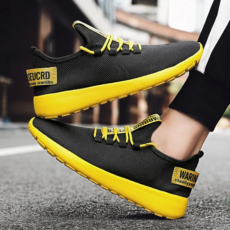 Men's breathable fly weave sports running shoes black and white colour side view